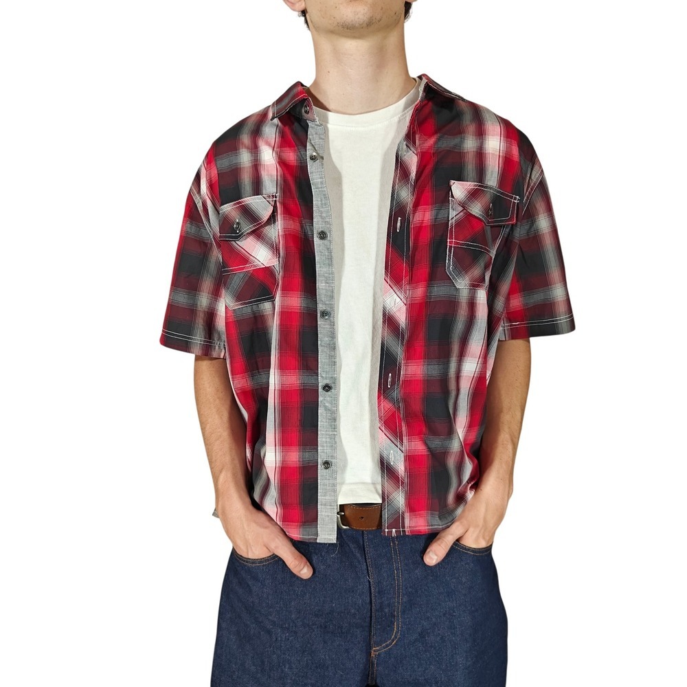Modern Culture Mens XL Cropped Short Sleeve Plaid Button Down Shirt Red Black